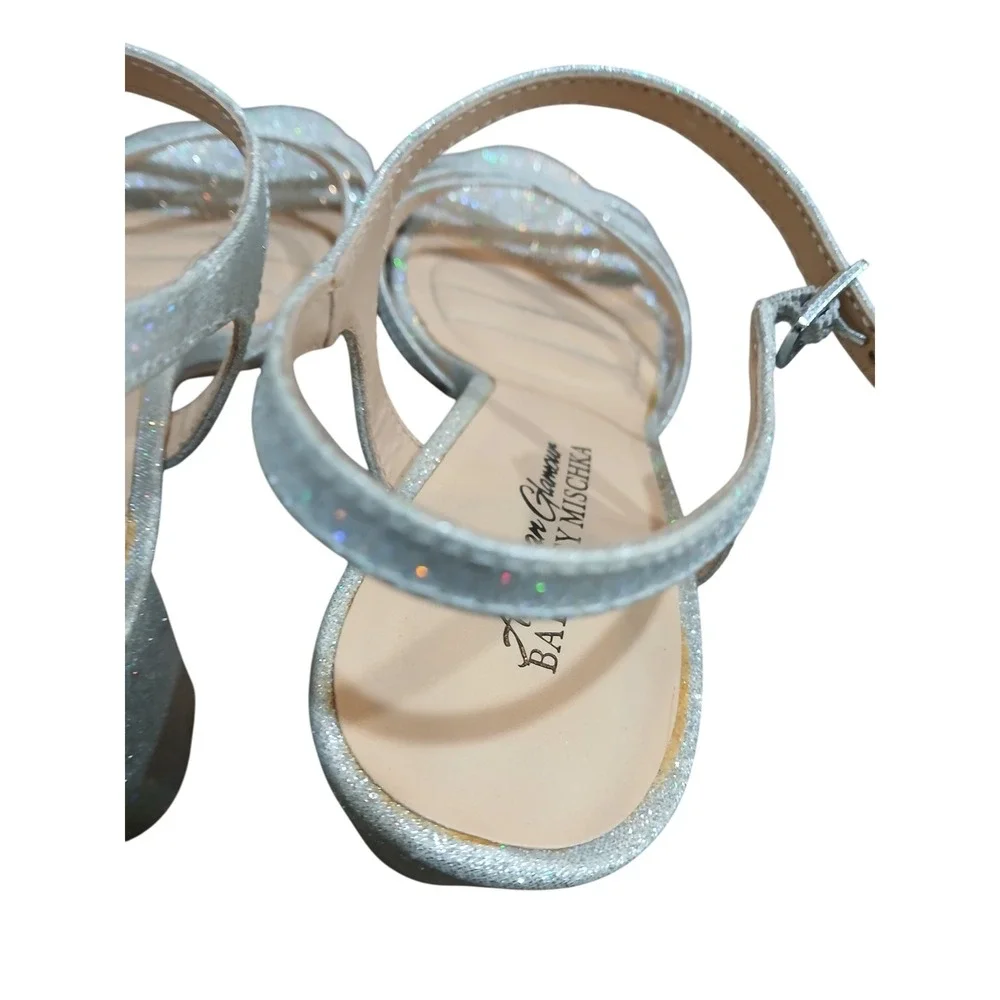 American Glamour Badgley Mischka Silver Glitter Strappy Heels Sandals Womens 8.5
